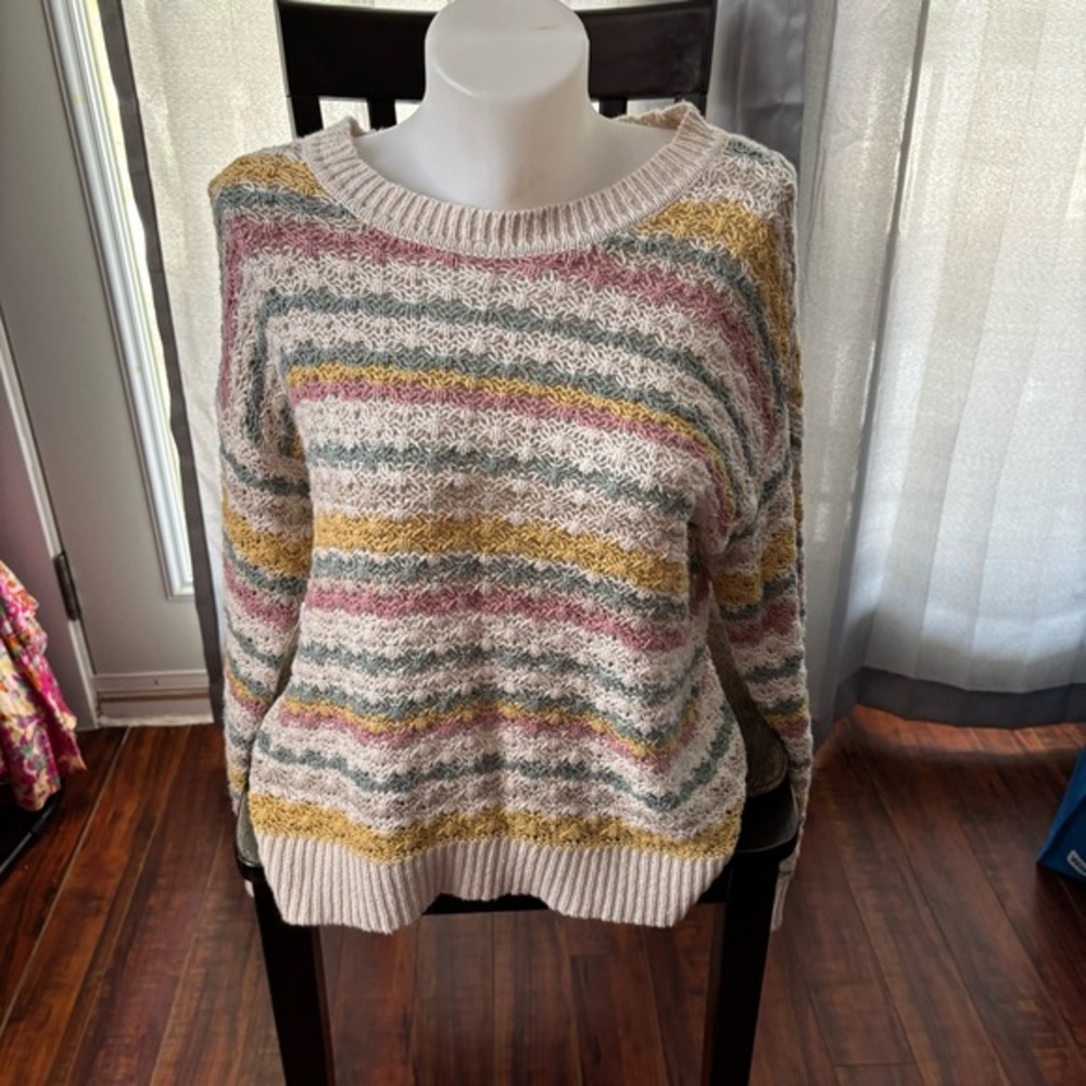 Style & Co. White and Pink Crew Neck Sweater